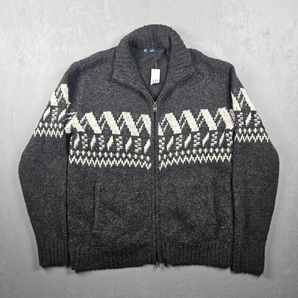 NEW Gap Full Zip Cardigan Sweater Mens Medium Wool Nylon Fair Isle Donegal